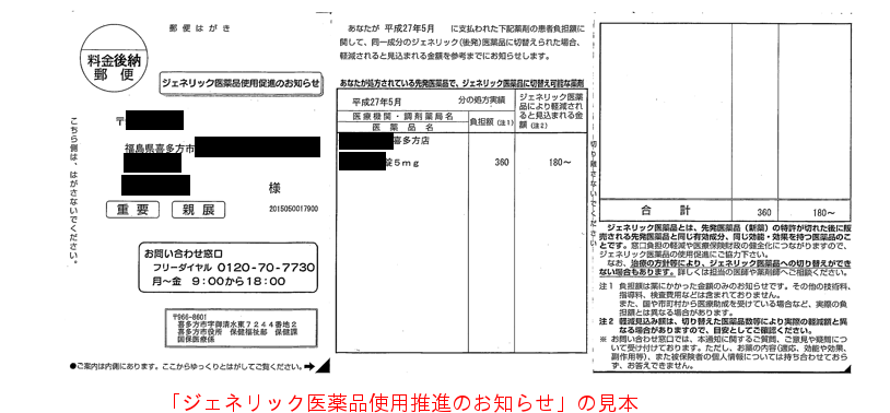 ジェネリック薬品差額通知見本